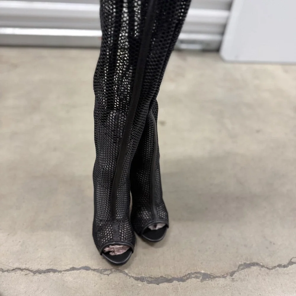Bamboo Black Mesh Over The Knee Boots Open Toe Gold Block Heel Womens 7